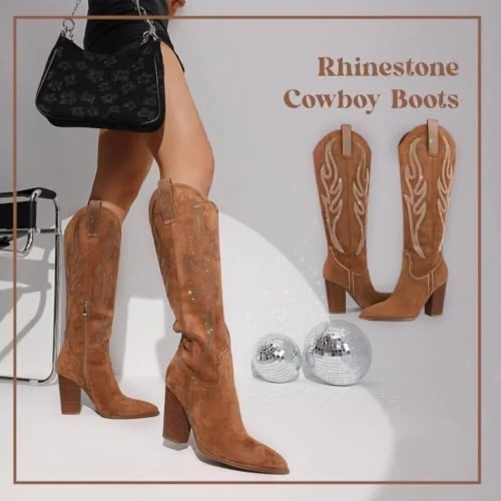 Women Suede Brown Rhinestones Embroidered Side Zip  Pointed Toe Knee High Boots
